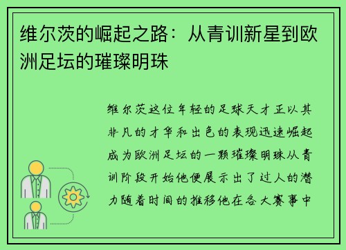维尔茨的崛起之路：从青训新星到欧洲足坛的璀璨明珠